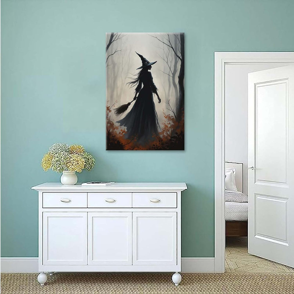 JFHCQJPK Vintage forest witch silhouette poster Halloween mural poster decoration mural art magic suitable for home living room bedroom32x48in Frameless