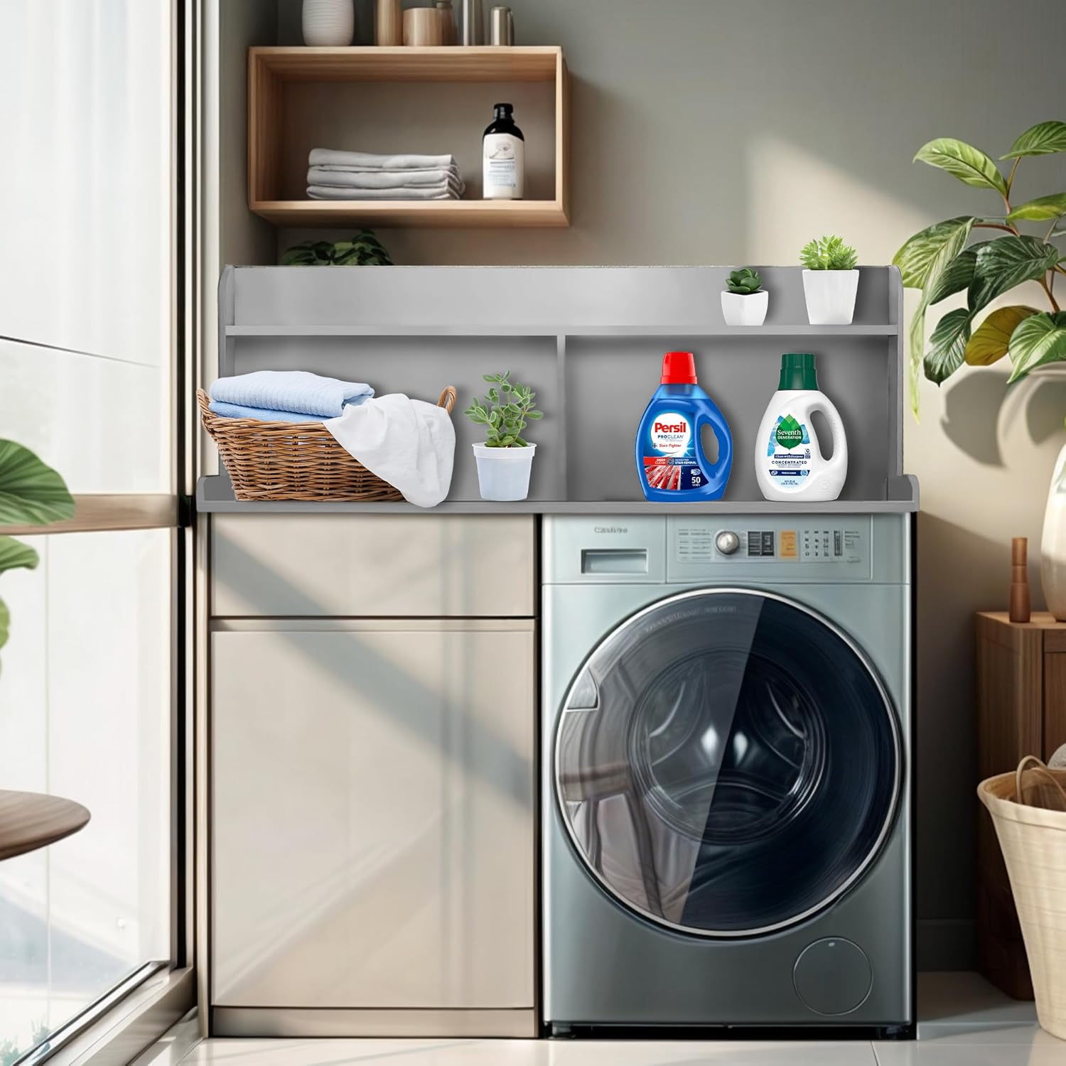 Royxen 2-Tier Washer Dryer Countertop,19.5"H Wood Washer and Dryer Topper with Storage Shelf,Laundry Countertop Over Washer Machine, Universal Fit for Laundry Room Organization (Grey,54"W X 27.5"D) - NestledHome