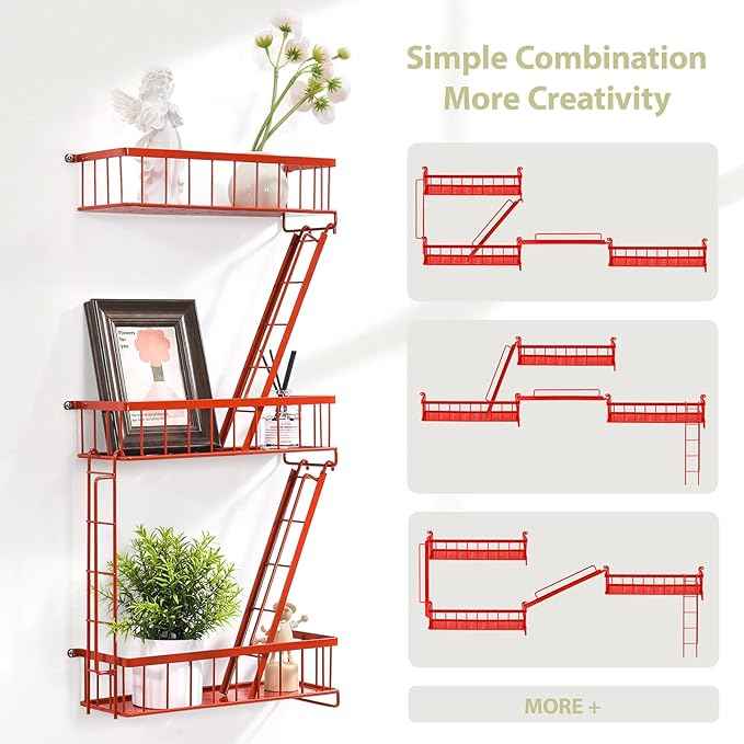 Fire Escape Wall Shelf Red - New York Wall Art Decorative Figure Display Floating Shelves Metal Racks for Living Room, Home Office Storage (3-Tier)