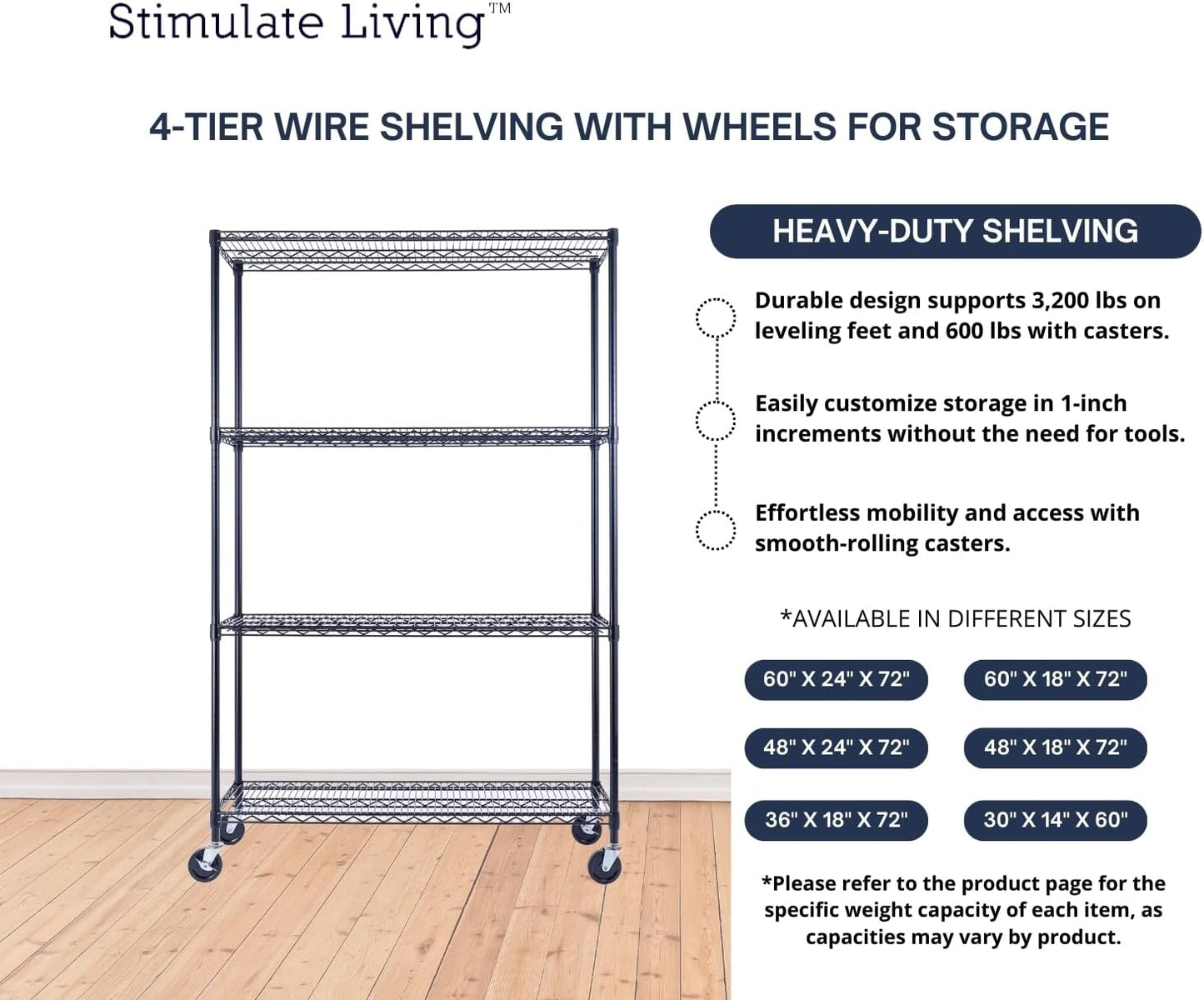 60"x18"x72" Prime Heavy Duty Black 4-Tier Wire Shelving NSF 3200 LBS MAX Capacity Storage Rack for Commercial, Hospital, School, Garage, and Kitchen Uses (with Wheels) - NestledHome
