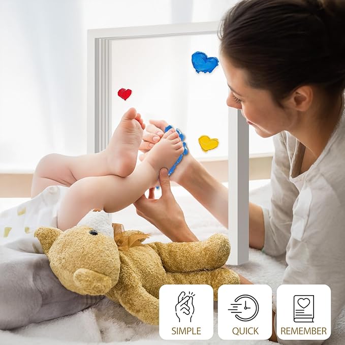 OurWarm Family Handprint Kit for 4, DIY Baby Handprint Set Keepsake Gifts with 50 PC Stickers & 12 Paints, Baby Footprint Kit Wooden Frame for New Parents Anniversary Newborn Adoption Day Gifts