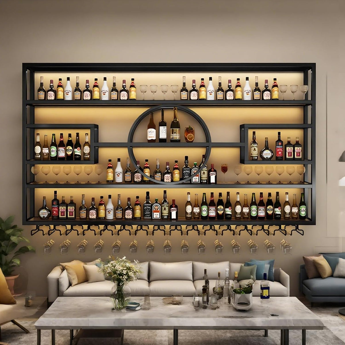 47.2in Wall Mounted Wine Rack, Modern Metal Wine Bottle and Glass Holder, Iron Display Stand Decorative Wine Rack, for Bar Living Room Dining Room Background (Black, 47.2 * 8 * 51INCHES)