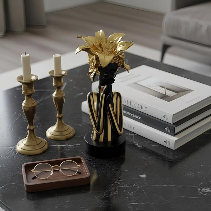 African Woman Art Sculpture with Gold Floral Crown, Exquisite African Statue, Emotional Modern Home Art Gift for Various Settings Such as Home, Bookshelves, desks, or Offices(7.68 inch