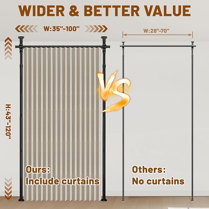 AJAZZ Room Divider Curtain (Cream White, W100 x L96 in,1 Panel)+ Curtain Rods No Drilling Adjustable Tension (H) 43-120×(W) 35-100 in, Heavy Duty Wall Divider for Apartment/Dorm