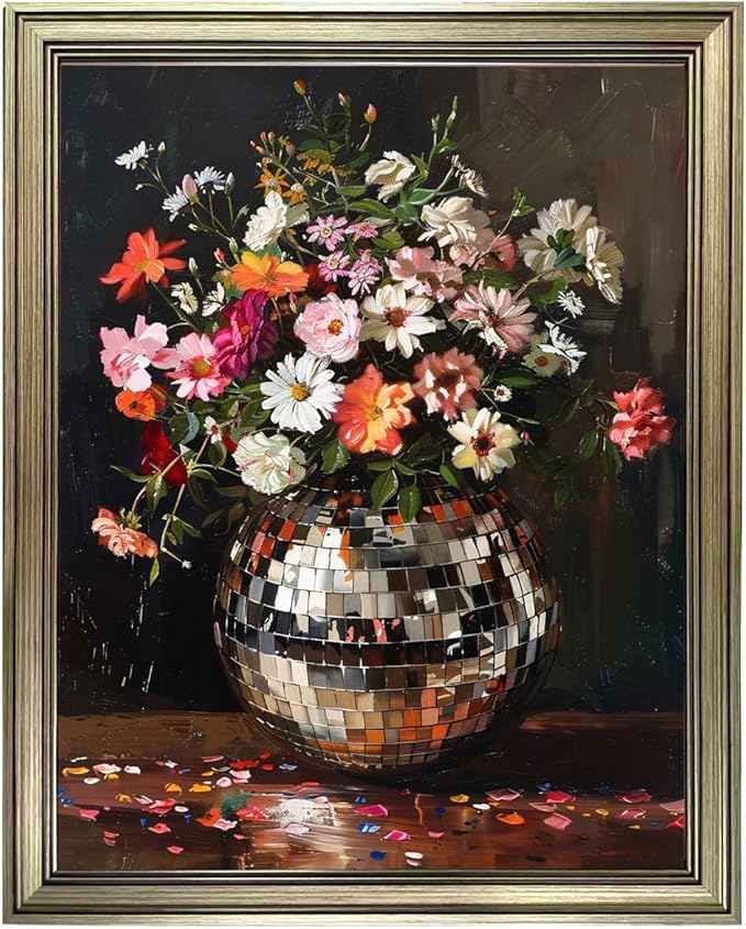 Vintage Framed Disco Ball Wall Art Retro Eclectic Wall Decor Colorful Moody Florals Painting Maximalist Wall Art Funky Flowers Bouquet Print Artwork