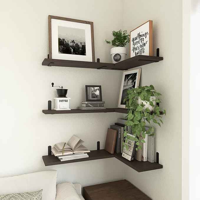 WOPITUES Wood Floating Shelves Set of 6, Shelves for Wall Decor, Farmhouse Shelf for Bedroom, Bathroom Storage Shelves, Book Shelves for Living Room, Dark Brown