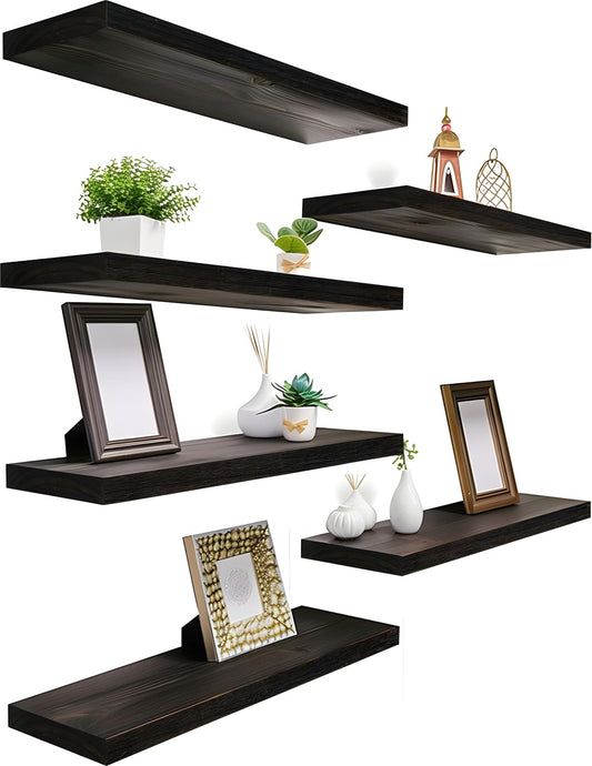 Wood Floating Shelves for Wall Decor, Rustic Wall Shelves for Bedroom Bathroom Kitchen Living Room, Set of 6 Walnut - NestledHome