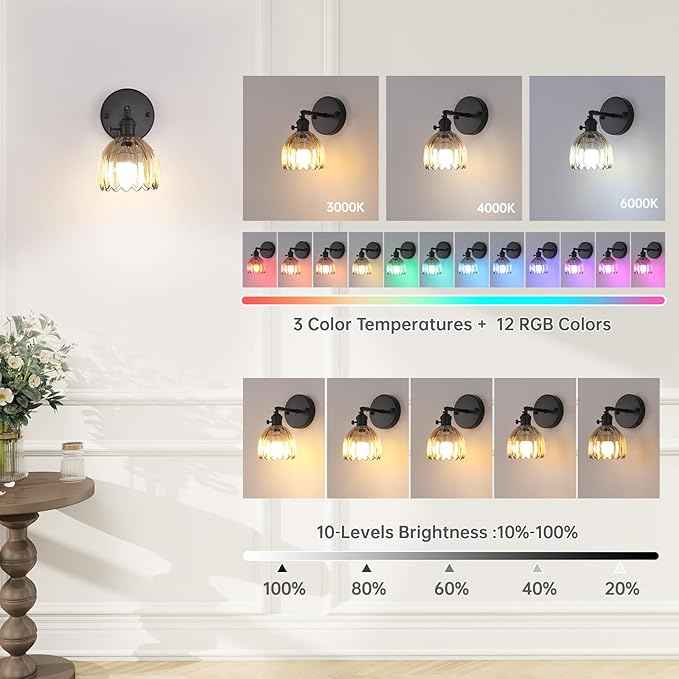 Vintage Battery Operated Wall Sconce with Amber Tulip Glass Lampshade Rechargeable Battery Powered Black Wall Light with Remote Control for Bedside Bedroom Doorway