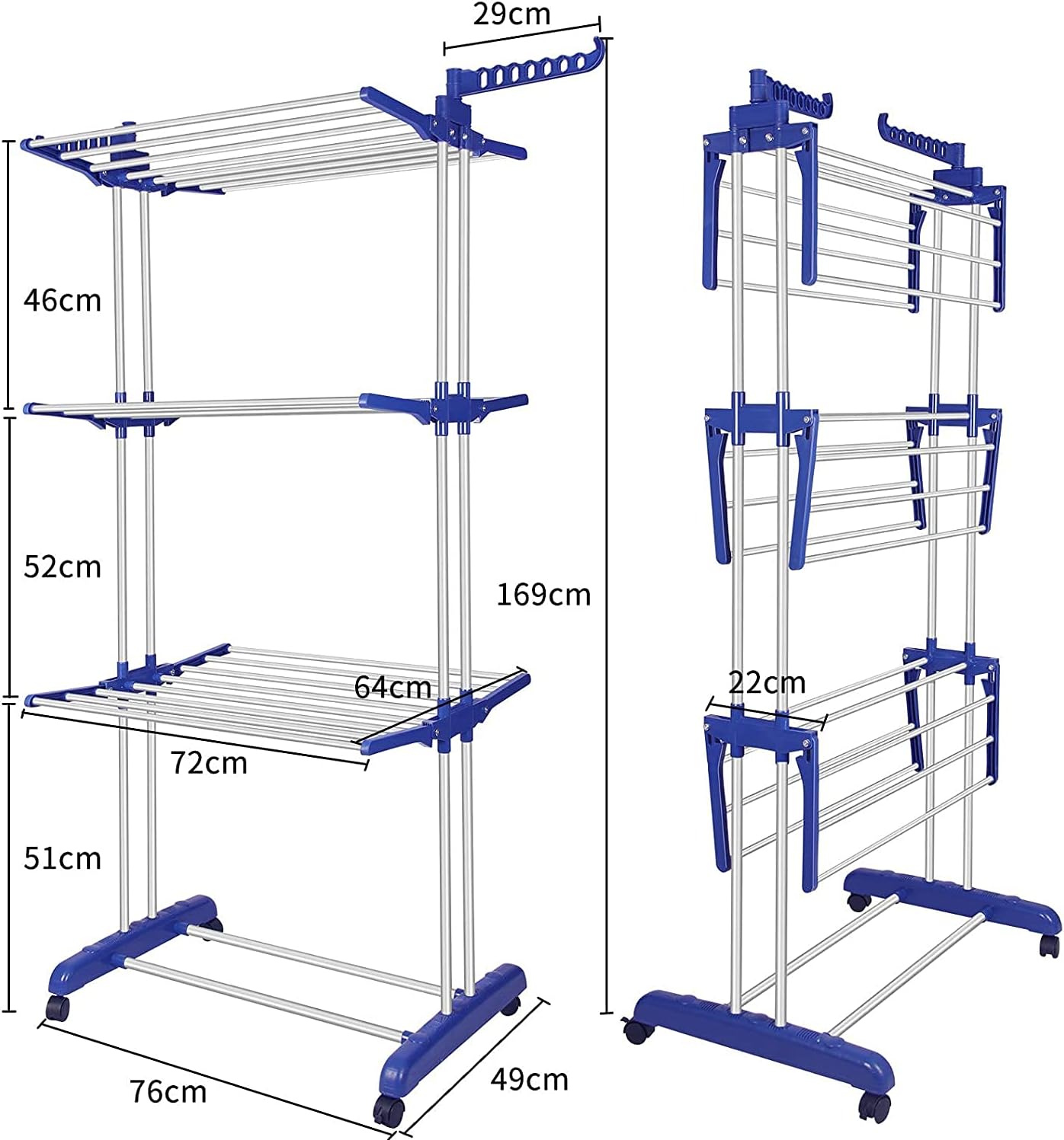 Bigzzia Clothes Drying Rack, Folding Stainless Steel Drying Rack Clothing Indoor Outdoor, Space-Saving, 4 Tier Laundry Drying Rack with Two Side Wings Grey Blue - NestledHome