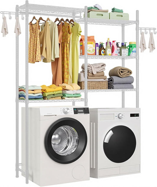 VEVOR Over The Washer and Dryer Storage Shelf, 5 Tier Laundry Room Drying Rack with Hanger Rod and Hooks, Adjustable Over Washer and Dryer Shelves, Laundry Room Shelf Storage Space Saver, White - NestledHome
