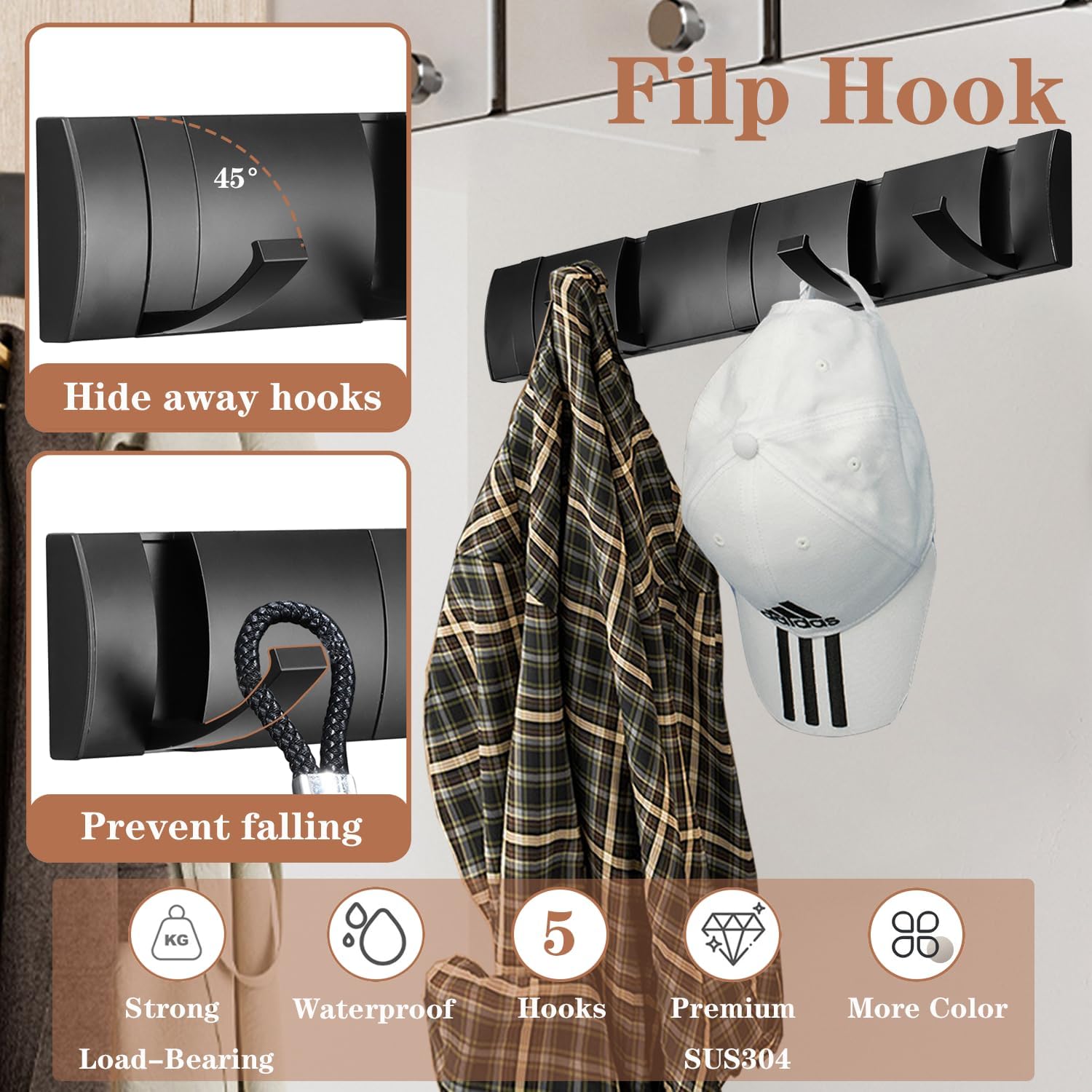 Folding Coat Hooks, Wall Mounted Coat Rack with 5 Retractable Hooks, Heavy Duty Towel Rack for Bathroom Wall Hook for Hanging Clothes Bathrobe, Stainless Steel Coat Hanger for Entryway(Black) - NestledHome