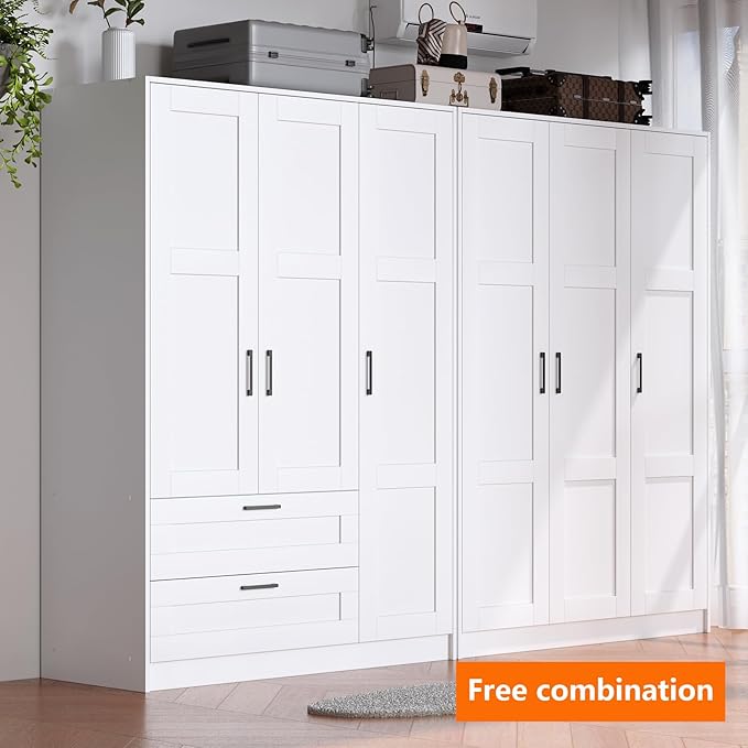 3 Doors Wooden Wardrobe Closet Armoire, White Storage Cabinet for Hanging Clothes, Bedroom Large Capacity Freestanding Armoire,Wood Wardrobe Combination with Shelves
