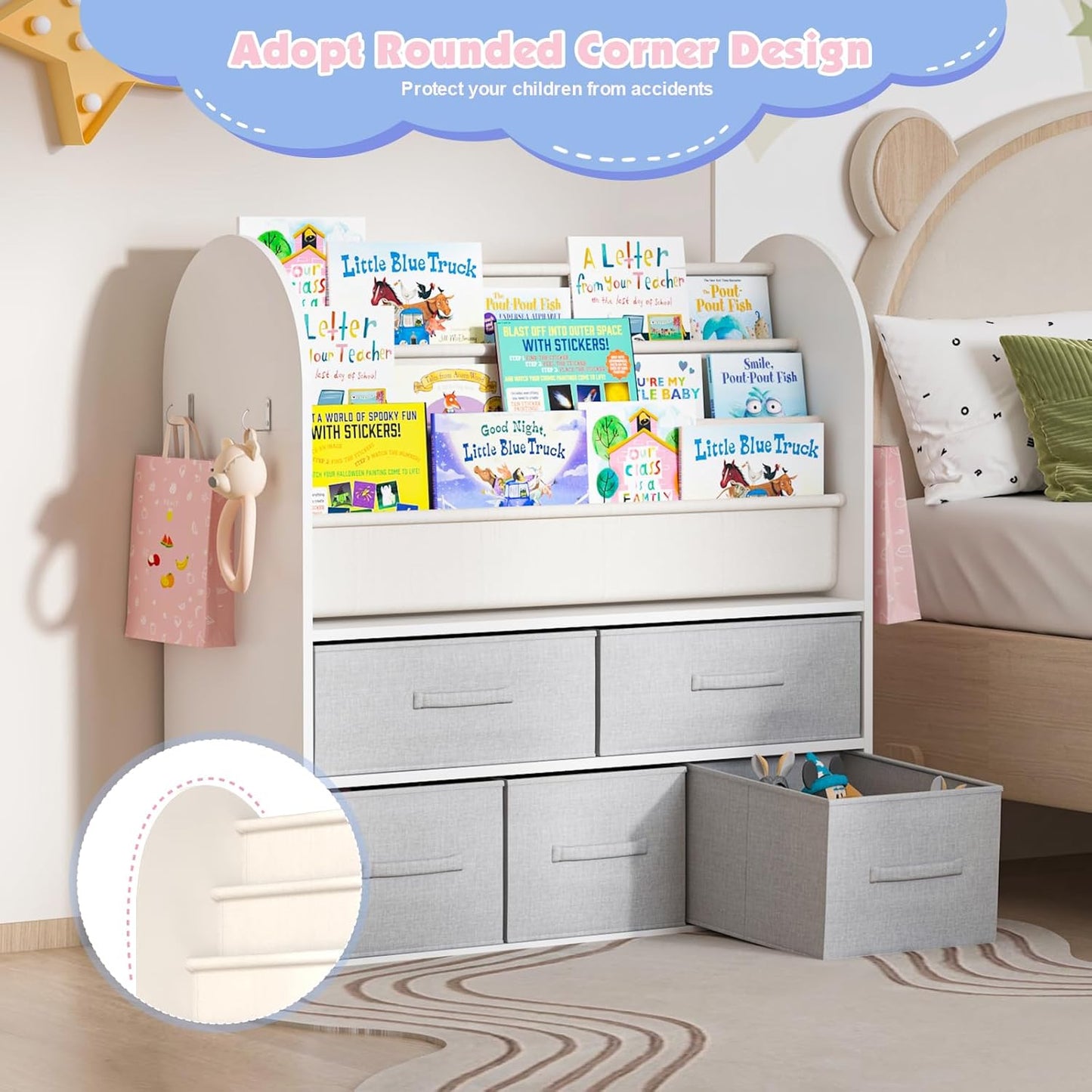 NACHES Kids Bookshelf and Toy Storage Bins, Children Bookcase Toddler Book Display Cabinet with 5 Toy Organizer Boxes for Playroom,Reading Room,Toddler Room,Nursery,Classroom - NestledHome