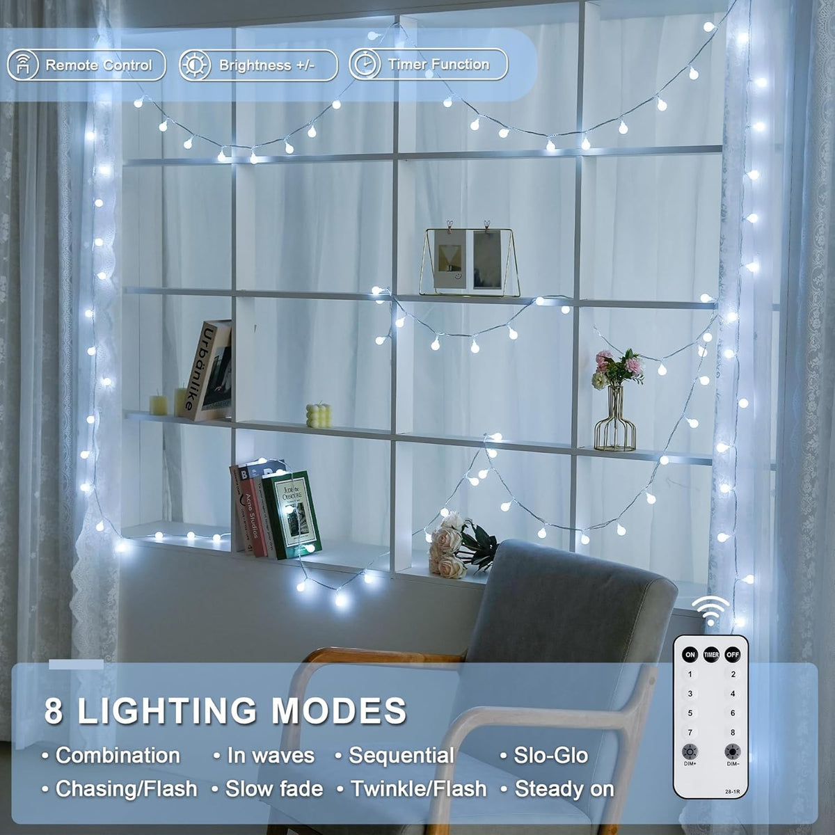 Connectable 100 LED Globe White String Lights Indoor for Bedroom