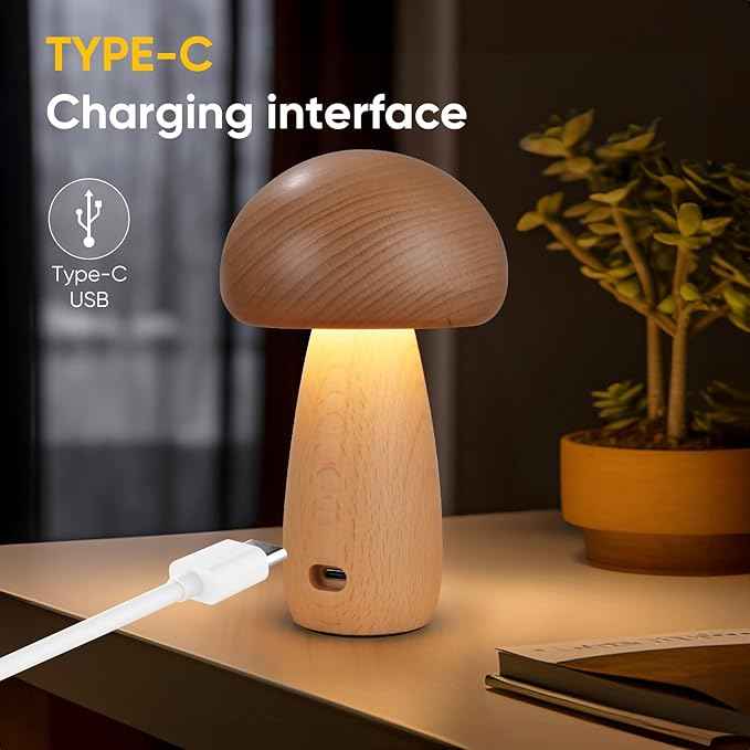 2 Pack Wooden Mushroom Lamp, Portable Cordless Touch Switch Small Rechargeable Battery Operated Lamp,Stepless Dimming,
