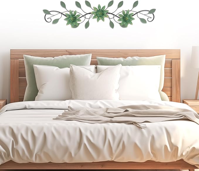KHJCXS Metal Wall Art Modern Minimalist Metal Flowers Indoor Decor Horizontal Wall Art Iron Artwork,for Over Door,Bedroom,Living Room,Kitchen,Office Scroll Decor(Green)