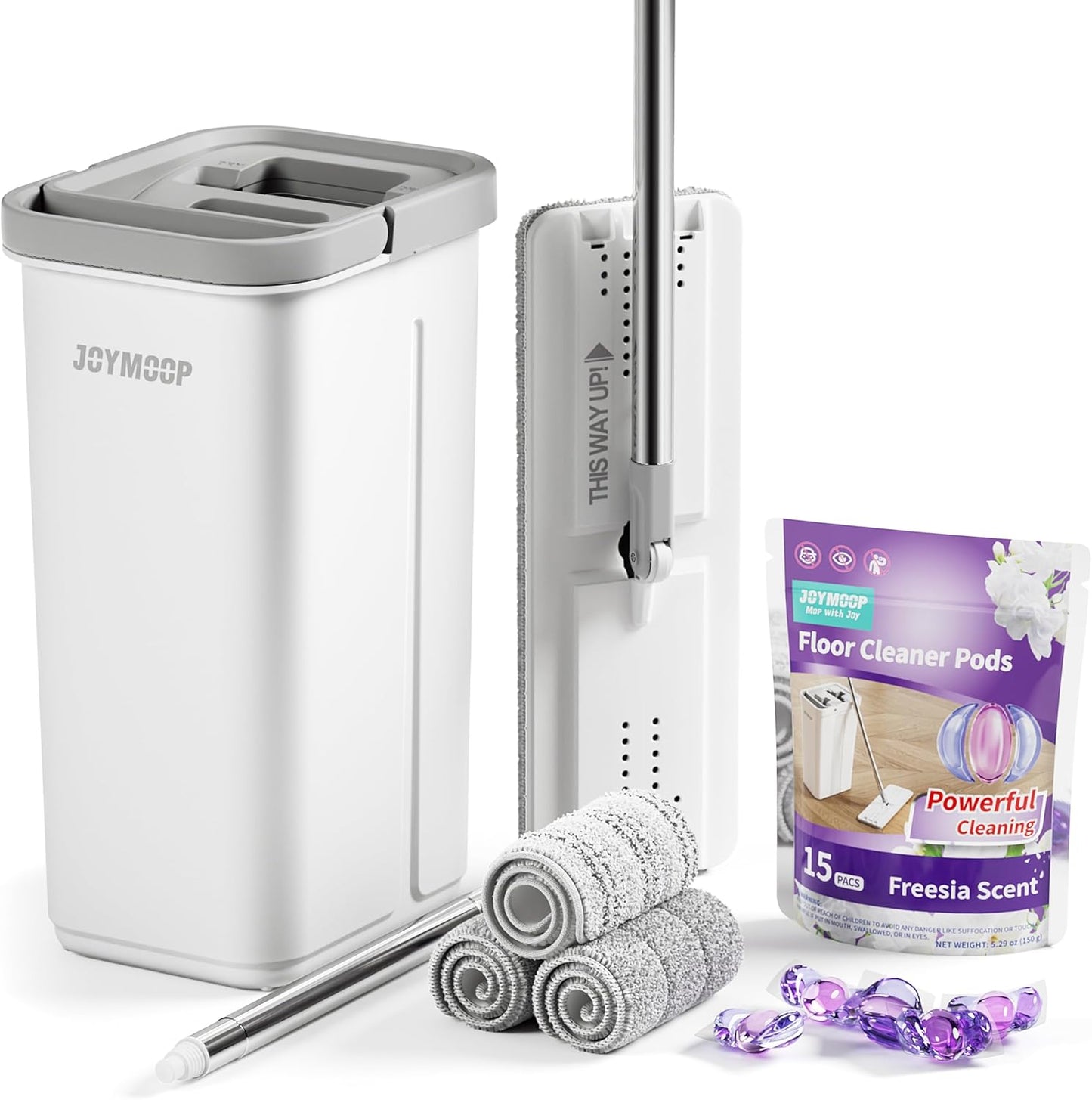 JOYMOOP Mop and Bucket with Wringer Set and Floor Cleaner Pods, Flat Floor Mop with 3 Reusable Microfiber Pads, Wet and Dry Use, Freesia Scent Pack of 15 Pacs for Floor Cleaning - NestledHome