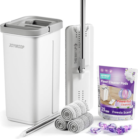 JOYMOOP Mop and Bucket with Wringer Set and Floor Cleaner Pods, Flat Floor Mop with 3 Reusable Microfiber Pads, Wet and Dry Use, Freesia Scent Pack of 15 Pacs for Floor Cleaning - NestledHome