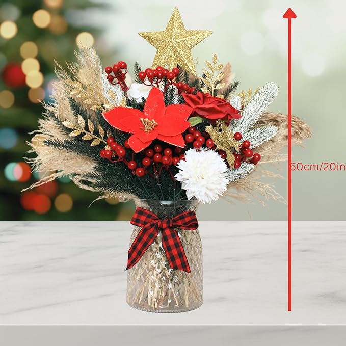 RyddeligHome Christmas Centerpieces for Tables in July, Holiday Table Decor, 100pcs Christmas Floral Arrangements in Vase, Pottery Xmas Decorations, Artificial Poinsettia Red Berry Pine Branches