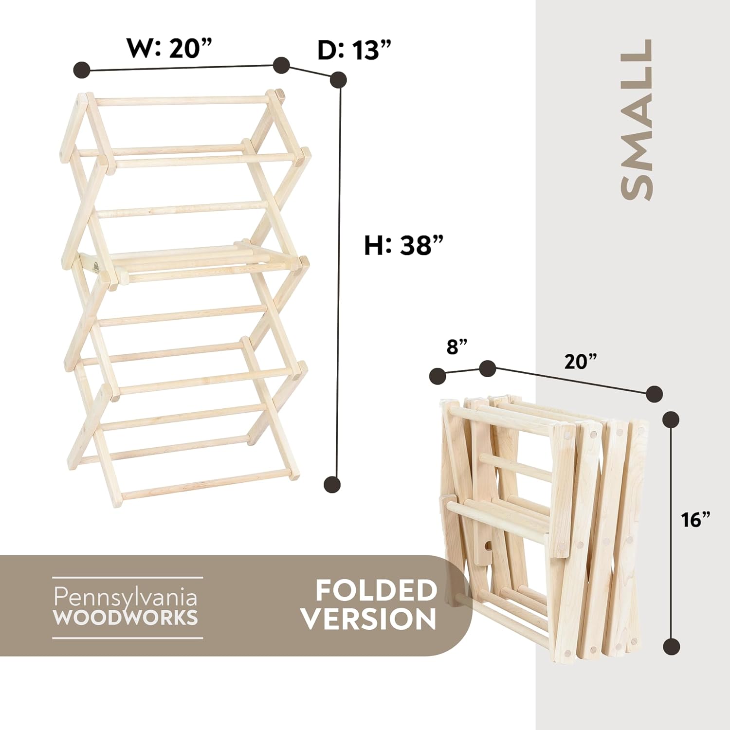 Pennsylvania Woodworks Clothes Drying Rack: Solid Maple Hard Wood Laundry Rack for Baby Clothes, Hand Towels, Delicates & More, Durable Small Folding Drying Rack, Made in USA, No Assembly Needed - NestledHome