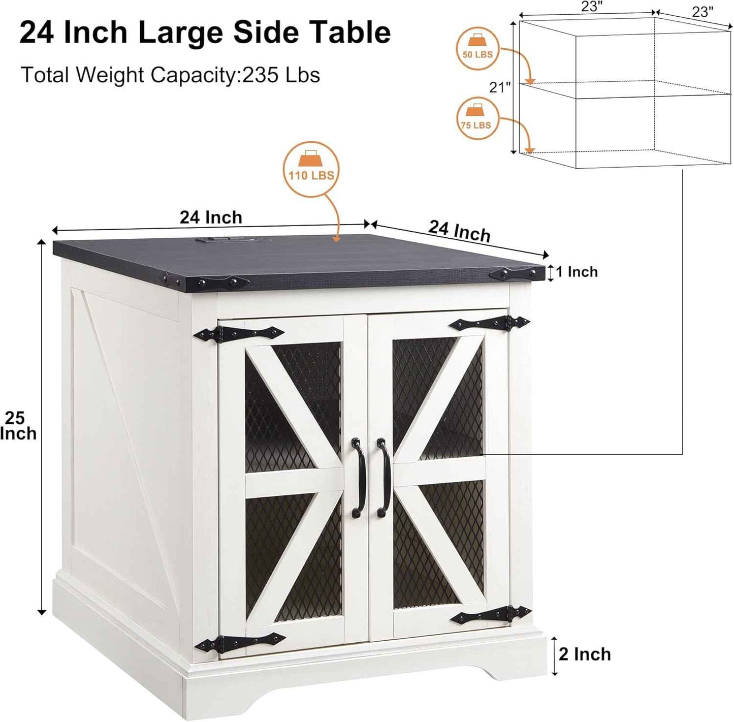 JXQTLINGMU Farmhouse End Table, 24" Large Sofa Side Table with Charging Station, Mesh Barn Door, and Adjustable Storage Shelf, Rustic Wood Square Nightstand for Living Room, Bedroom, Office, White (사본)