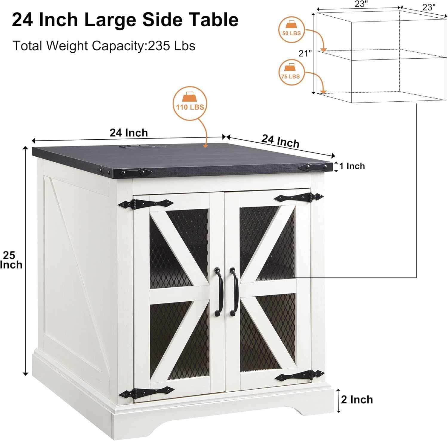 JXQTLINGMU Farmhouse End Table, 24" Large Sofa Side Table with Charging Station, Mesh Barn Door, and Adjustable Storage Shelf, Rustic Wood Square Nightstand for Living Room, Bedroom, Office, White (사본)