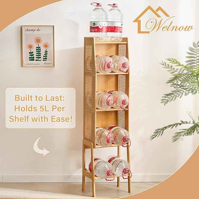 Welnow Bamboo Rattan Bookcase with Cabinet, 1-Tier Storage Shelf with Side Table & End Table Function, Large Modern Wood Organizer for Living Room or Bedroom, Walnut Bookshelf