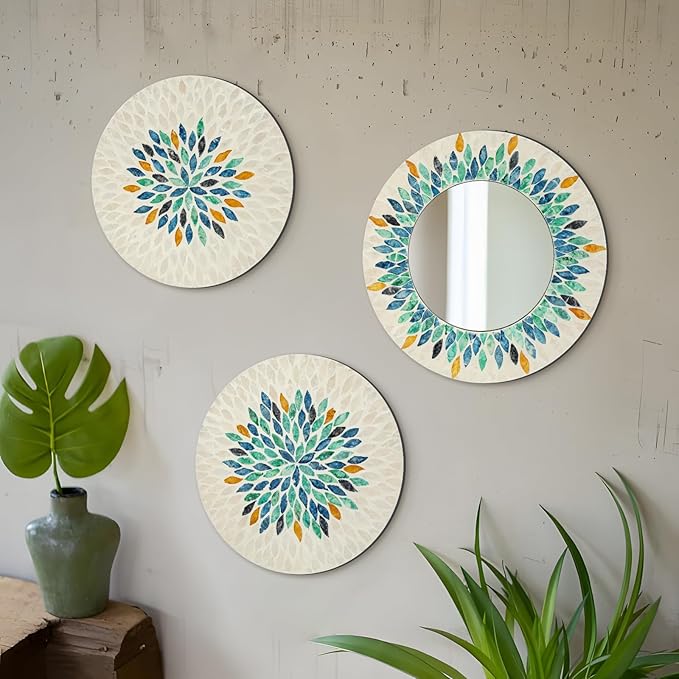 Jewel-Tone Mother of Pearl Mirror Wall Decor for Living Room, 3PCS Handmade Round Wall Art for Home Guest Room Decoration, Unique Mosaic Art Gift for Birthday Wedding Housewarming (Colored)