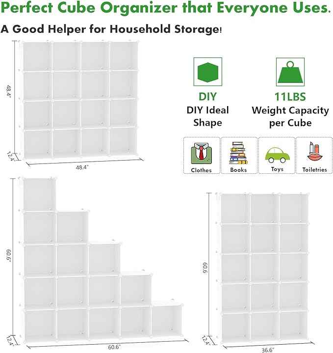 C&AHOME Cube Storage Organizer, 16-Cube Shelves Units, Plastic Storage Cubes, DIY Closet Organizer, Modular Closet Storage Shelves Ideal for Home, Bedroom, 48.4" L × 12.4" W × 48.4" H Milky UPCS16M