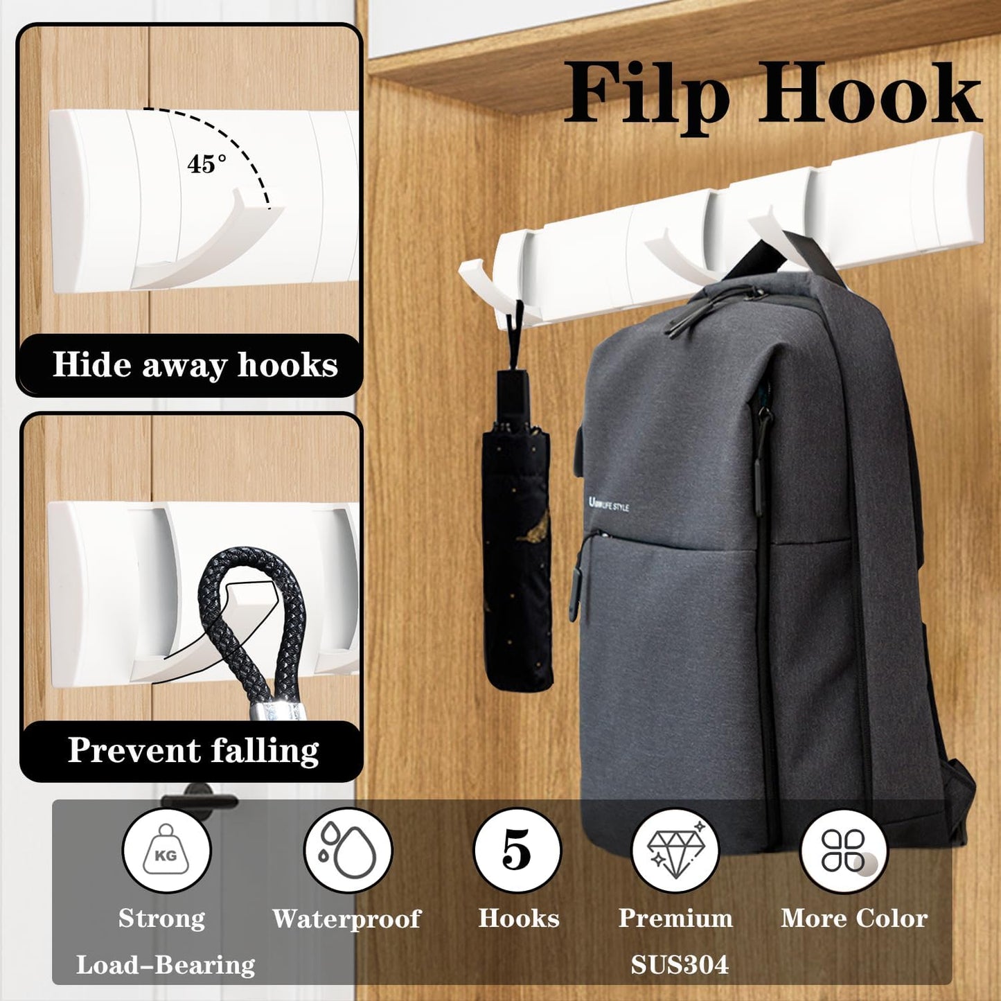 Folding Coat Hooks, Wall Mounted Coat Rack with 5 Retractable Hooks, Heavy Duty Towel Rack for Bathroom Wall Hook for Hanging Clothes Bathrobe, Stainless Steel Coat Hanger for Entryway(White) - NestledHome