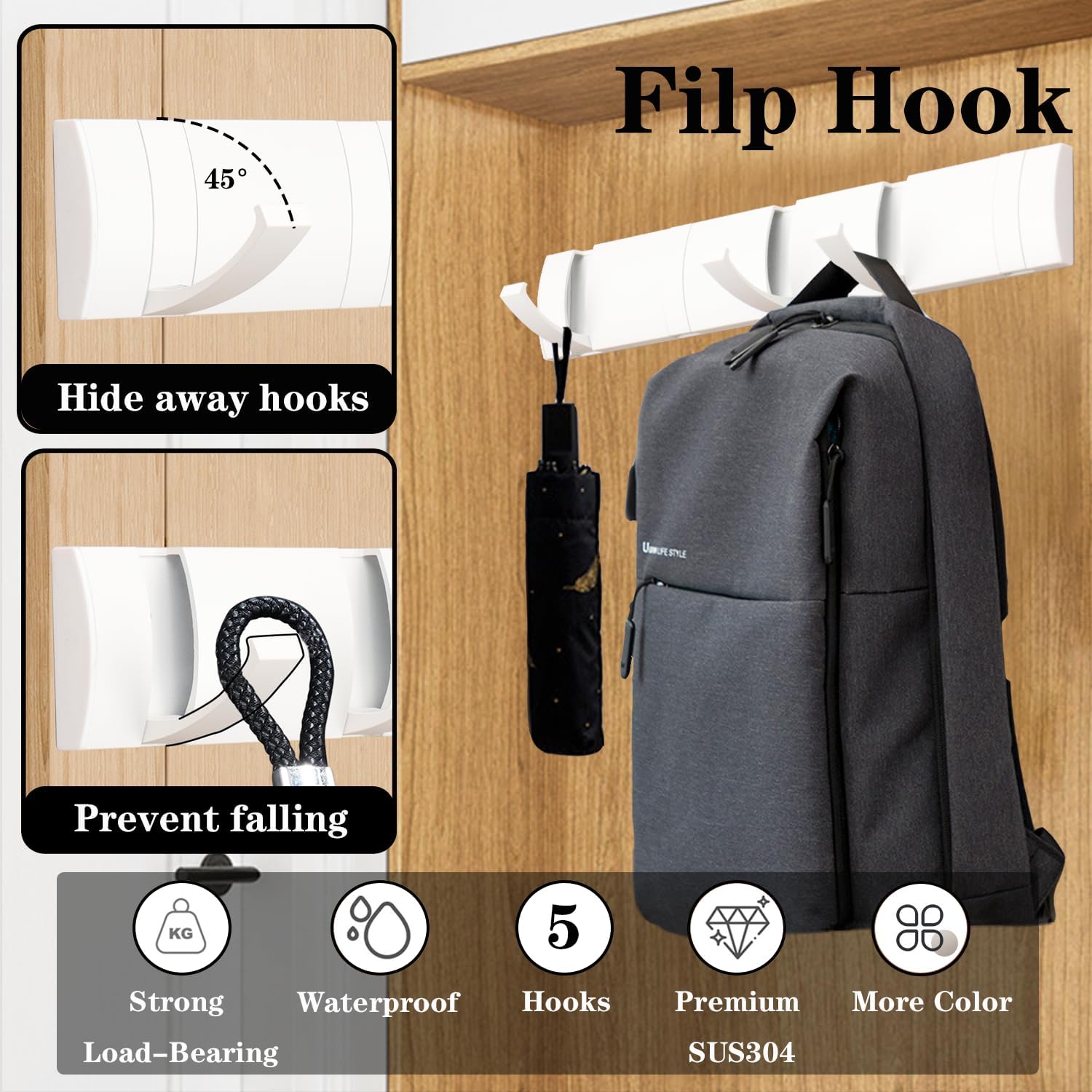 Folding Coat Hooks, Wall Mounted Coat Rack with 5 Retractable Hooks, Heavy Duty Towel Rack for Bathroom Wall Hook for Hanging Clothes Bathrobe, Stainless Steel Coat Hanger for Entryway(White) - NestledHome