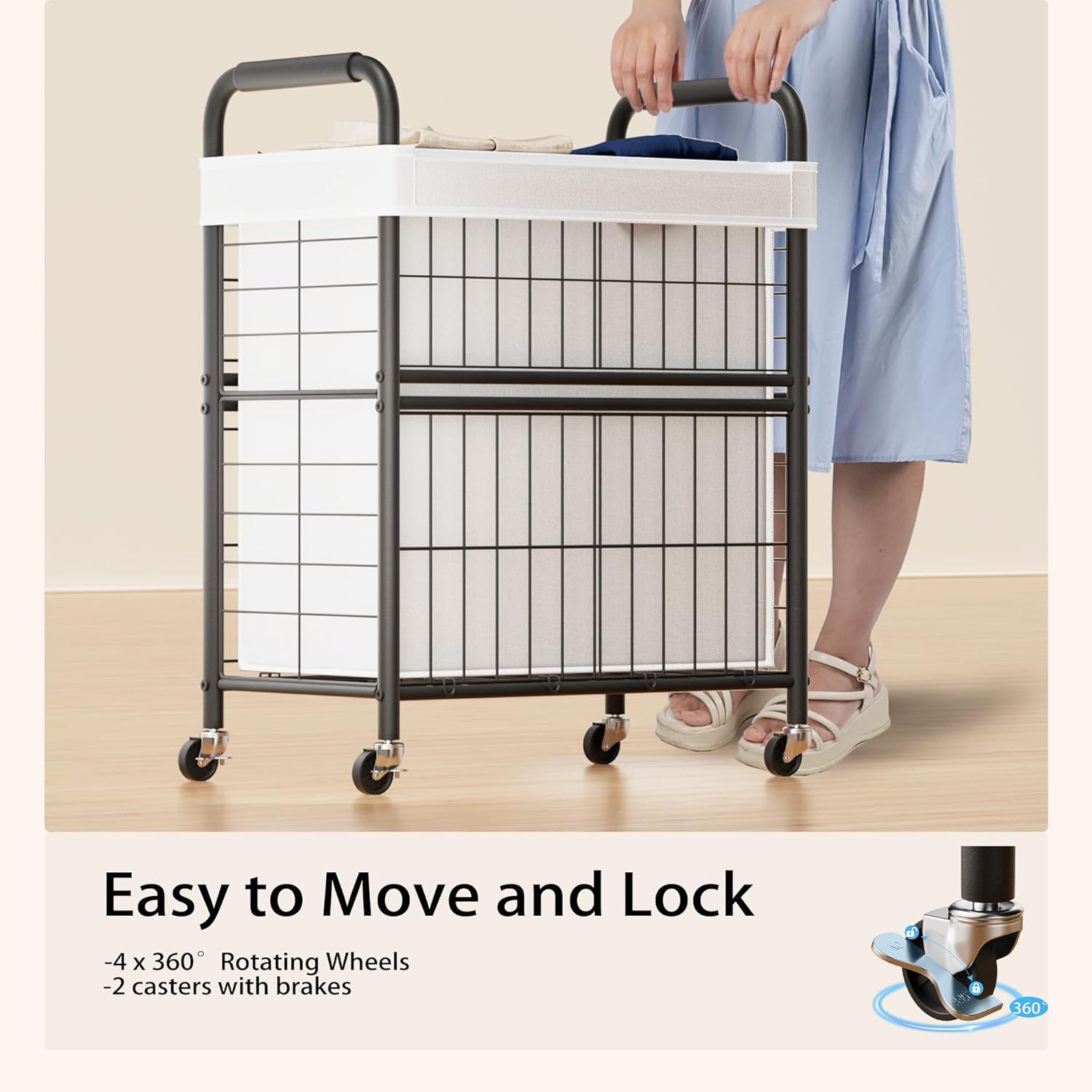 Laundry Hamper 2 Section, 110L Rolling Laundry Sorter Basket with Wheels, 2 Compartment Clothes Organizer Cart, Pull-Out Removable Bags for Laundry Room, Bathroom, Bedroom, White - NestledHome