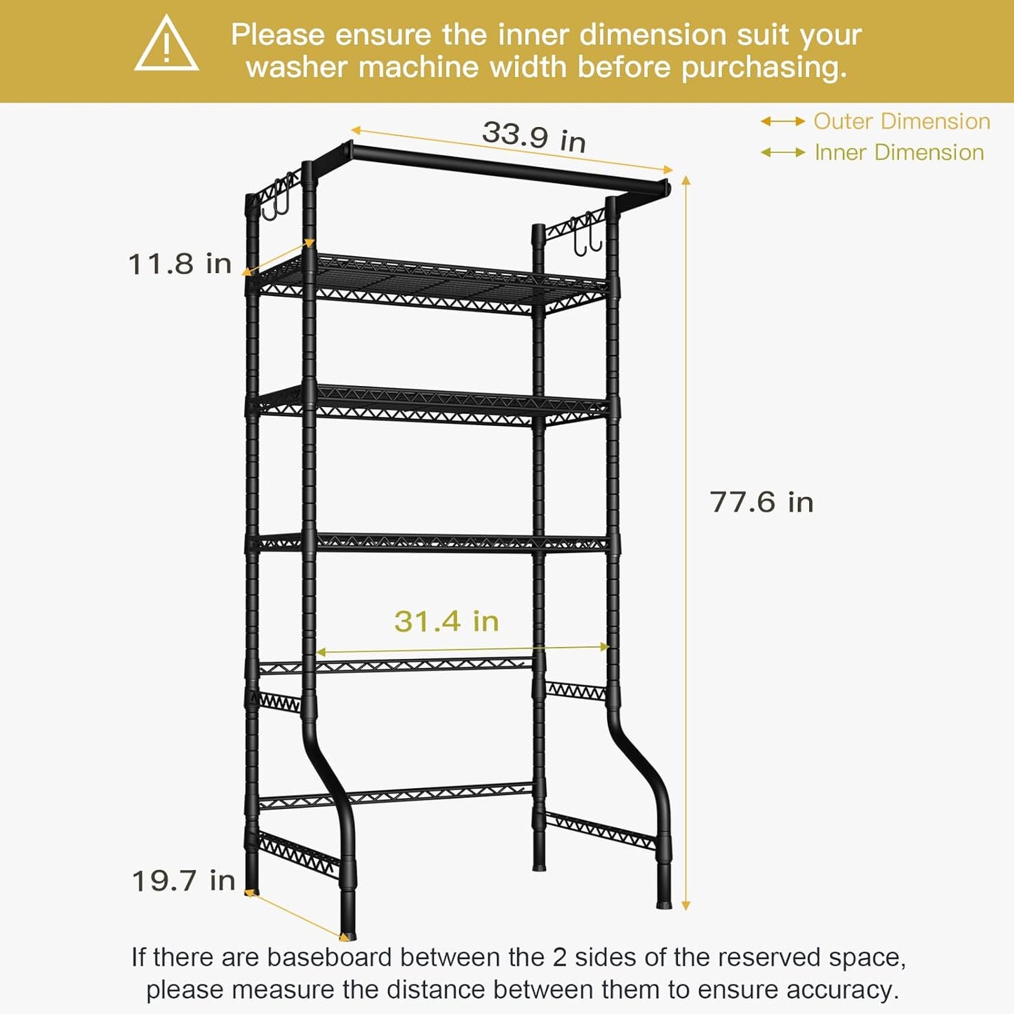 Ulif U11 Over Washer and Dryer Shelves, 3 Tiers Laundry Room Storage and Organizer Standing Shelf, Metal Freestanding Clothes Drying Rack, 33.9" W x 19.7" D x 77.6" H, Black - NestledHome
