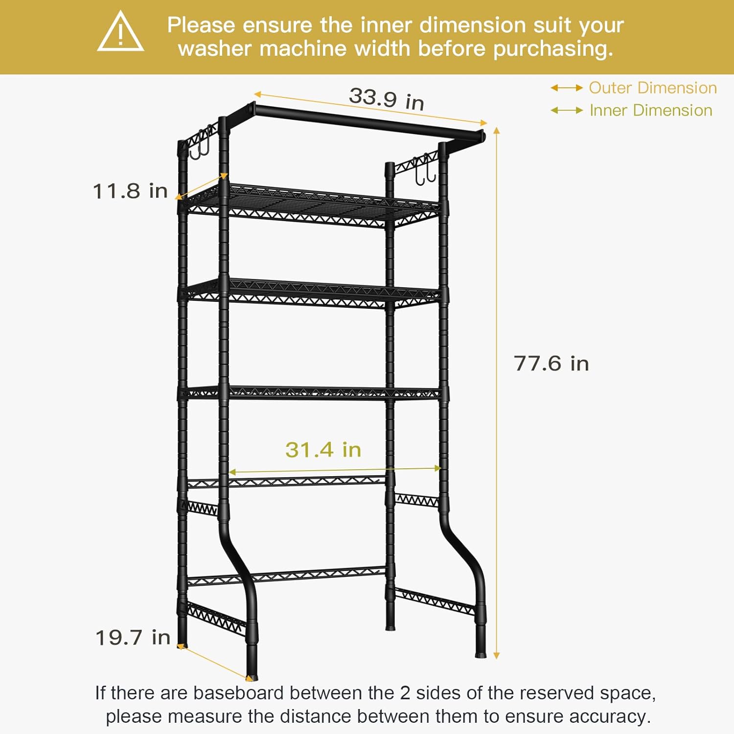 Ulif U11 Over Washer and Dryer Shelves, 3 Tiers Laundry Room Storage and Organizer Standing Shelf, Metal Freestanding Clothes Drying Rack, 33.9" W x 19.7" D x 77.6" H, Black - NestledHome