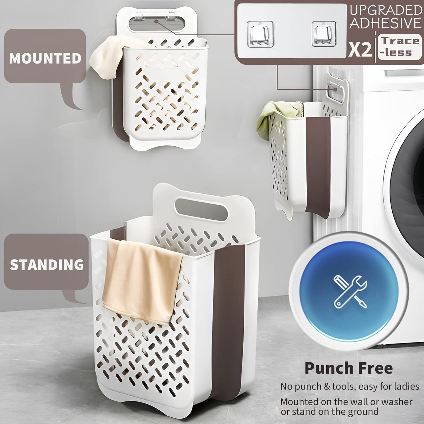 Plastic Collapsible Hanging Laundry Baskets with Carry Handle, Space-Saving Wall Hanging Laundry Basket Durable Tall Folding Plastic Laundry Hamper Waterproof Dirty Clothes Organizer XL+L - NestledHome