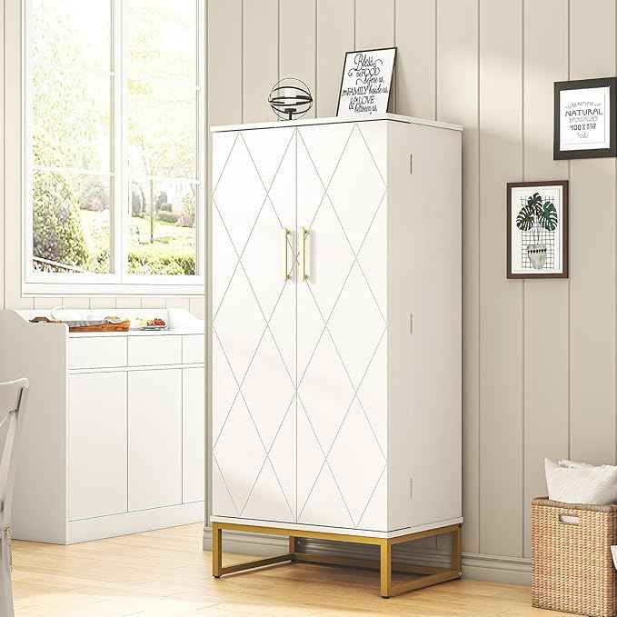 51” Kitchen Pantry Storage Cabinet, White Freestanding Pantry Cabinets with Doors and Adjustable Shelves, Buffet Cupboards Storage Cabinet for Home Office Use, Dinning Room(White + Gold)