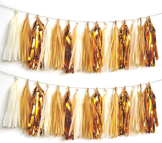 Shiny Tassel Garland Tissue Paper Tassel Banner,Tassels Party Decorations for Wedding,Birthday,Bridal/Baby Shower,Pack of 15 (Gold/Tan/Ivory) - NestledHome