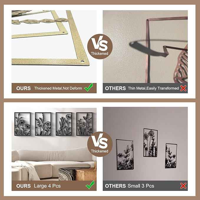 Glamativity 4 Pcs Black Abstract Flowers Metal Wall Art, Minimalist Floral Single Line Wall Décor, 3D Textured Sculptures, Rustic Nature Wall Art Décor for Living Room, Bedroom, Study (L Size 22.5x15.7'')