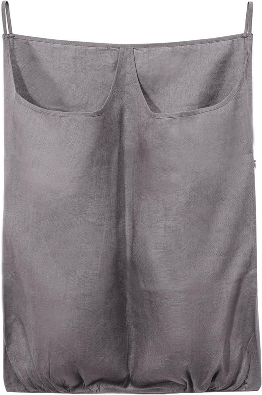 100% Pure Linen Dual Hanging Laundry Bag with 2 Deep Pocket and 2 Side Zipper 20x27in, Over The Door Laundry Hamper Space Saving Hampers for Dirty Clothes Home Travel, Grey - NestledHome