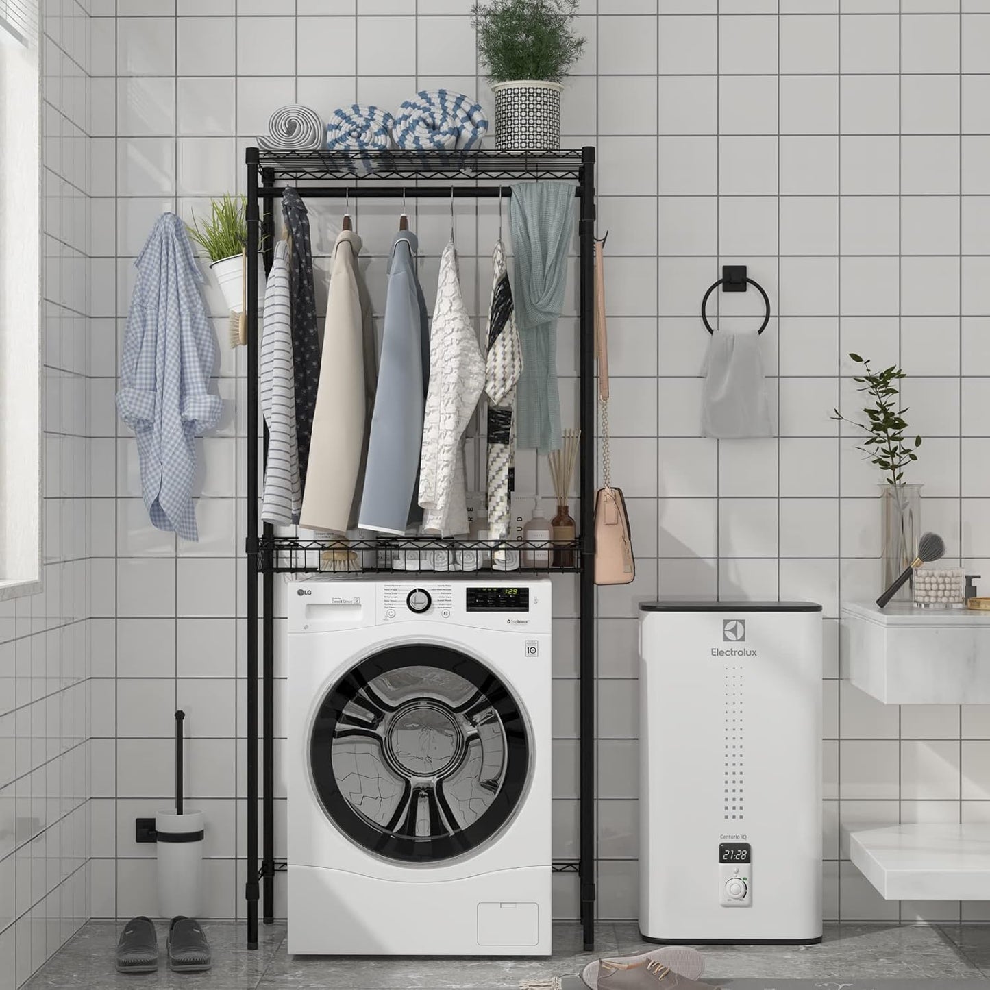 Xiofio Washer and Dryer Storage Shelf,Clothes Drying Rack,2 Tier Adjustable Height Storage Wire Basket with 2 Side Hook Laundry Shelves Used for Bathroom, Bedroom,Balcony,Black - NestledHome