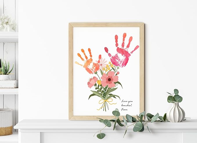 TwoDays Flower Bouquet Handprint Art Craft DIY Kit, Unique Gifts for Mom From Daughter or Son for Mother's Day Birthday Christmas, Gift for Grandma.(12" X 16", With Wood Frame)