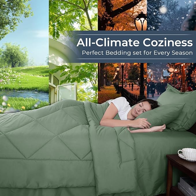 HEVUMYI Sage Green California King Comforter Set - 7-Piece All Season Bed in a Bag Cal King, Ultra Soft Bedding Set with Comforter, Flat Sheet, Fitted Sheet, Pillowcases, Pillow Shams