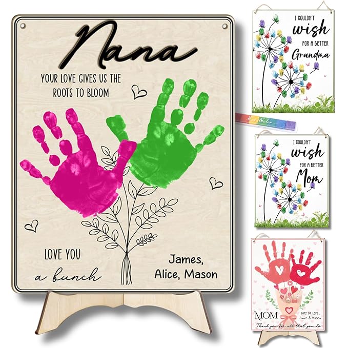 DIY Grandma Craft Hand Print, Handprint Art Wooden Craft Plaque Sign, Custom Mothers Day Gift for Grandma, Crafts for Grandmas from Kids, Grandson, Toddlers, Floral Bouquet Baby Keepsake 8x10in