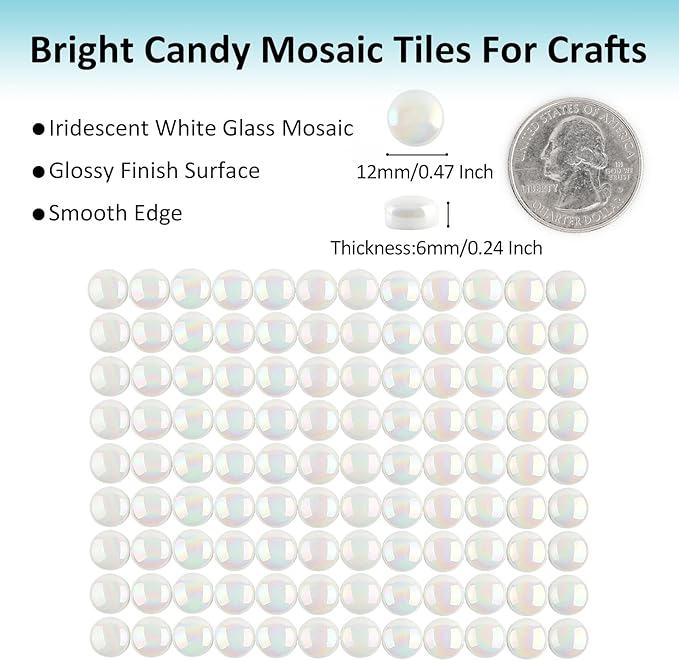 Artspac Glass Mosaic Tiles for Crafts Bulk,150g Round Mosaic Glass Pieces,Iridescent White Mosaic Tiles for DIY Garden Crafts Supplies, Crafts Ornaments