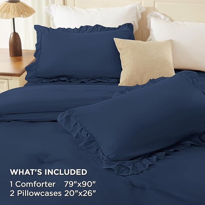 Andency Navy Blue Full Size Comforter Set (79x90Inch), 3 Pieces Farmhouse Shabby Chic Ruffle Bedding Comforter Sets, All Season Soft Lightweight Microfiber Bed Set