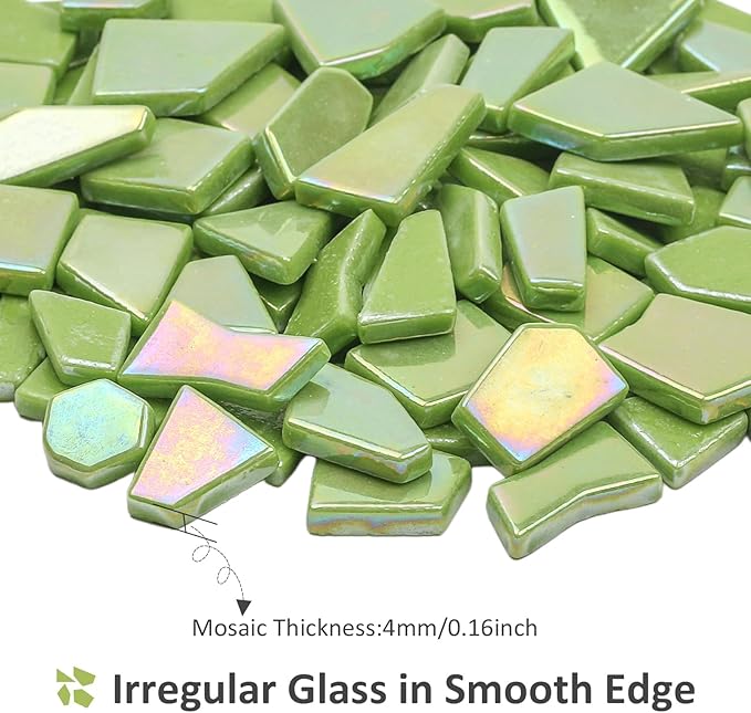 Youway Style Iridescent Glass Mosaic Tiles for Crafts Bulk,200g Green Broken Mosaic Glass Pieces for Garden Crafts Kits,DIY Mosaic Art Decor