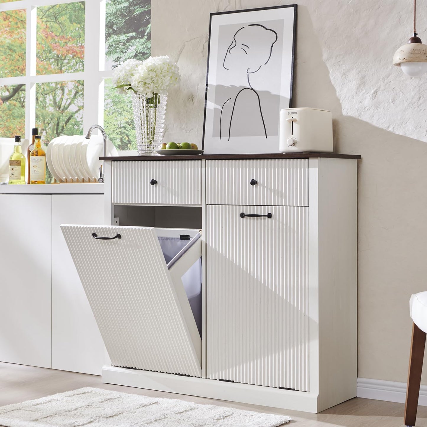 Modern Double Tilt-Out Trash Cabinet, 20 Gallon Fluted Laundry Hamper Cabinet w/2 Drawers, Wooden Hidden Garbage Can Cabinets with Storage Basket,Free Standing for Kitchen & Living Room, White - NestledHome