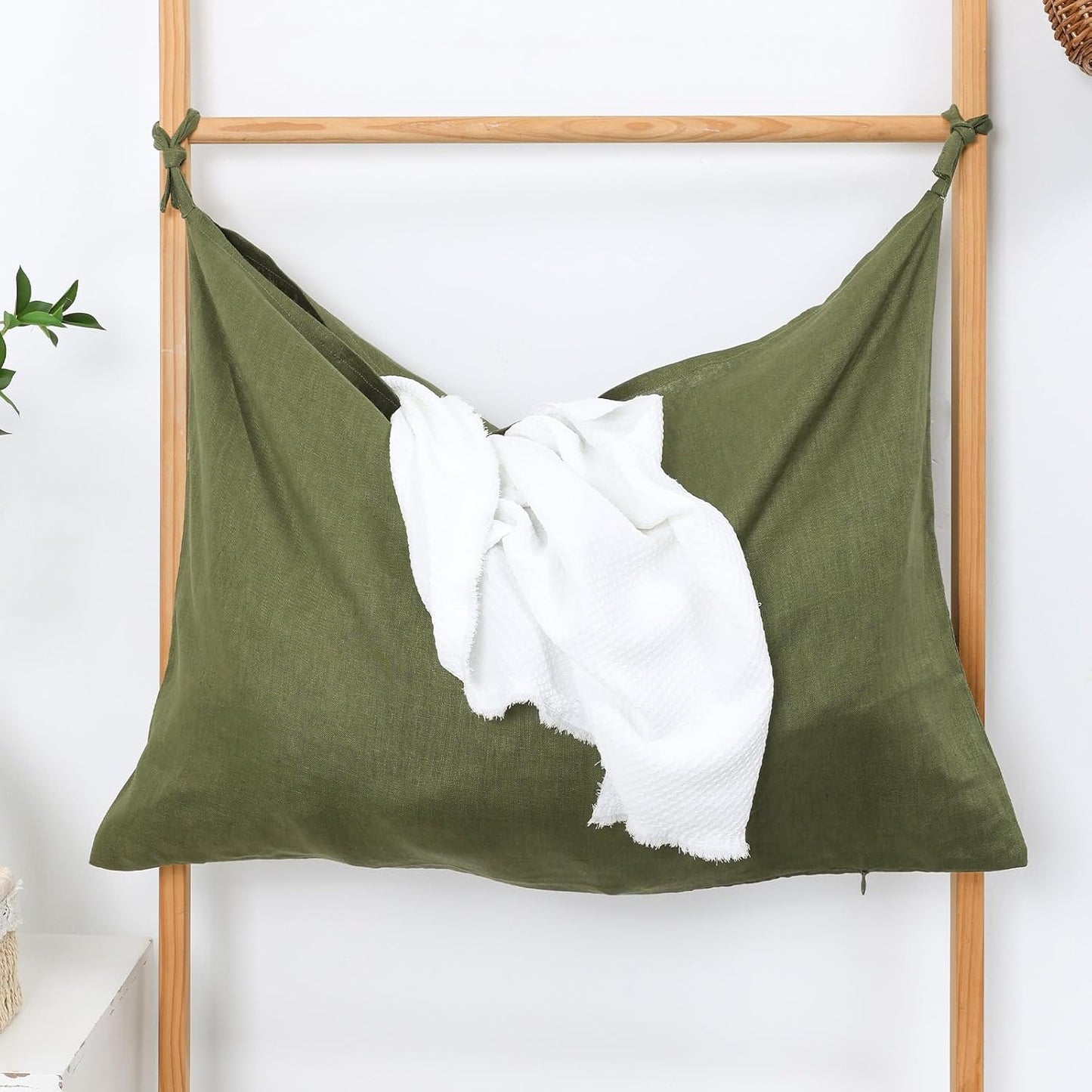 Hanging Linen Laundry Bag, 100% Pure Flax Linen Over The Door Hamper with Bottom Zipper for Laundry Room, Household Dirty Cloth Storage Organizer Bag, Army Green - NestledHome
