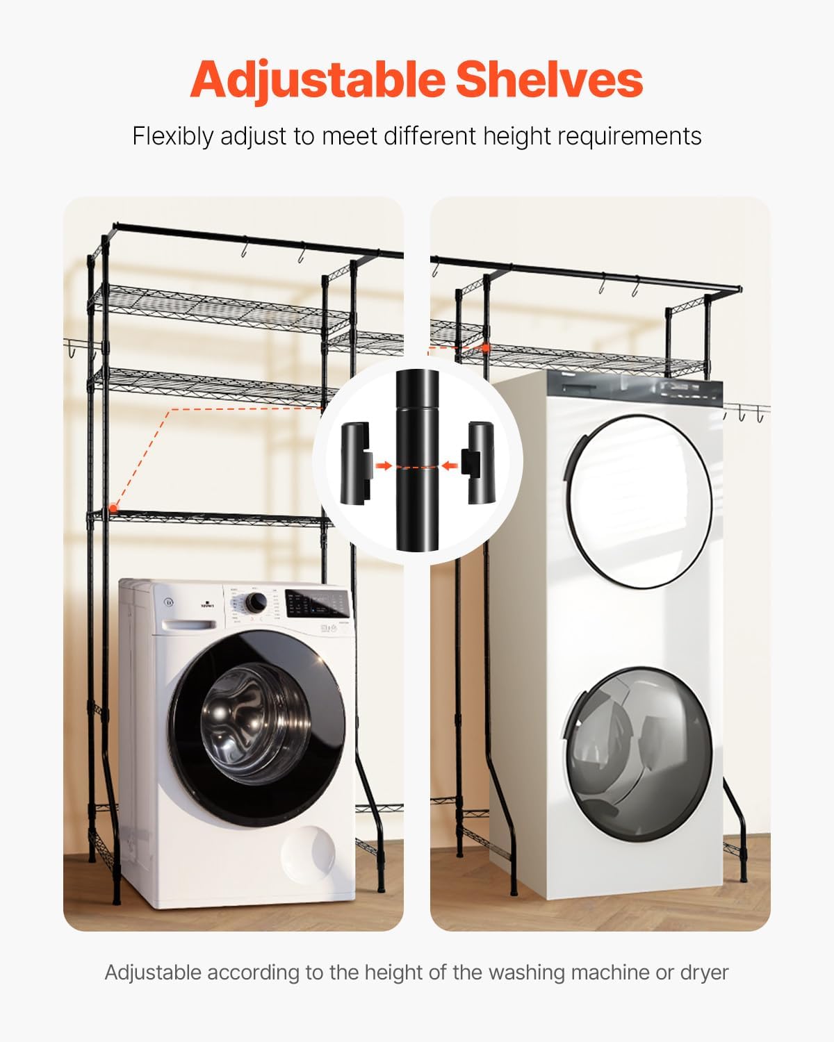 VEVOR Over The Washer and Dryer Storage Shelf, 6 Tier Laundry Room Drying Rack with Hanger Rod and Hooks, Adjustable Over Washer and Dryer Shelves, Laundry Room Shelf Storage Space Saver, Black - NestledHome
