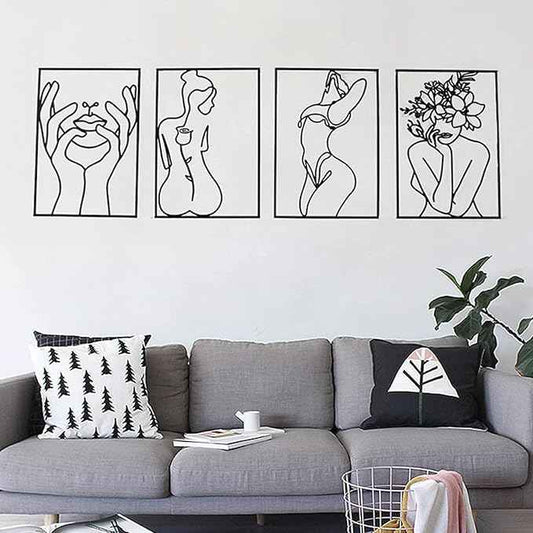 Glamativity Large 4 Pack Black Wall Art, Minimalist Single Line Art, Real Metal Wall Art, Woman's Body Shape Abstract Art (Black Classic Style, L Size 22.5 x 15.7'')